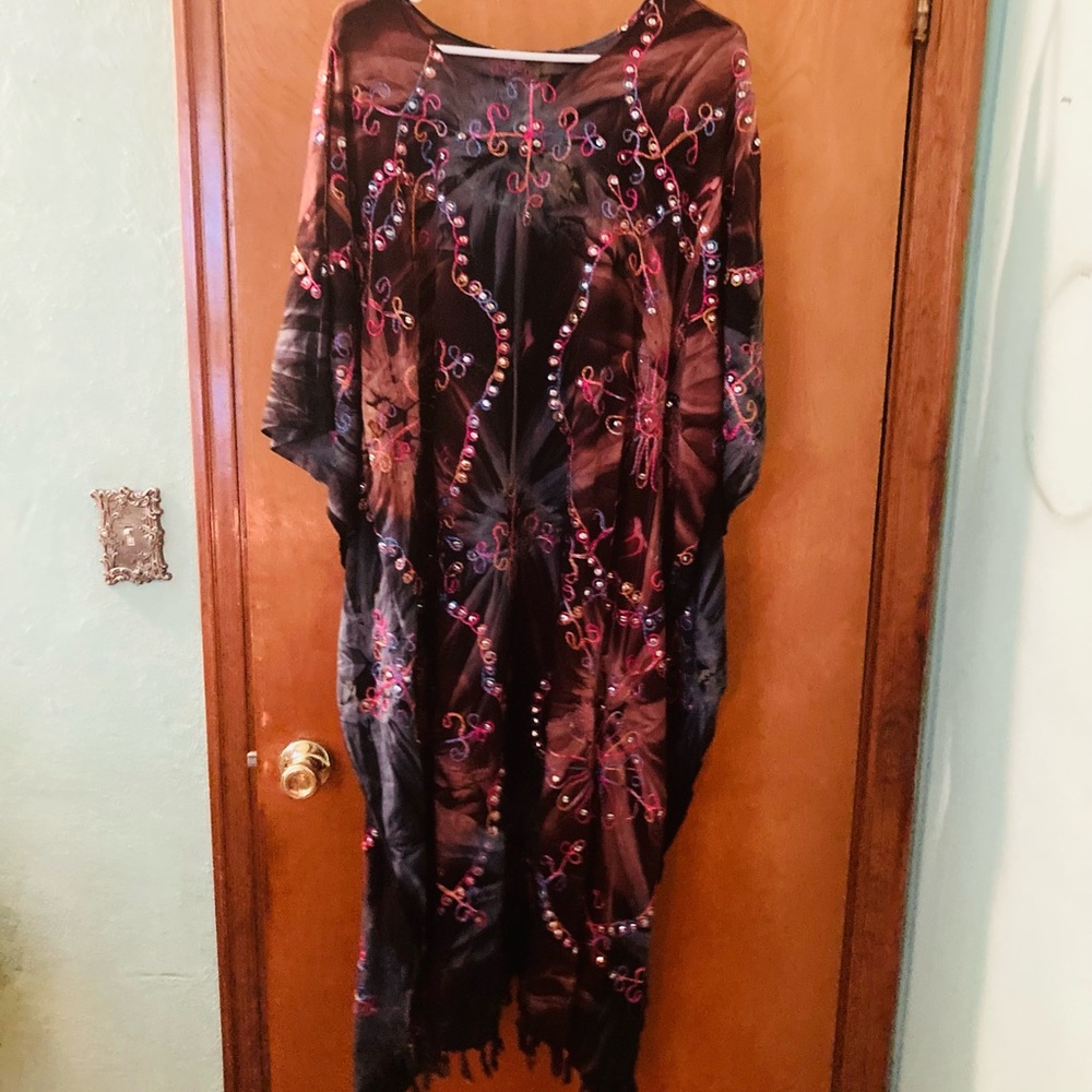 Boho Embroidered Water Color Fringe Caftan Dress - Picture 2 of 8